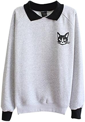 Yaslnn Womens Cat Print Knit Sweater Grey Blouse Pullover Sweatshirt Asian L