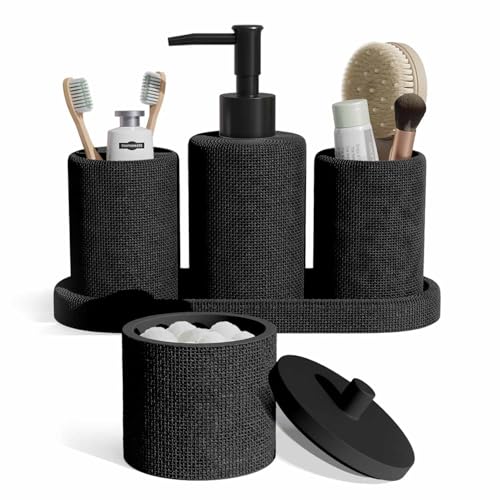 Clara Clark Bathroom Set - Black Bathroom Accessories Set, 5PC Bathroom Accessory Set, Bathroom Sets with Soap Dispenser, Toothbrush Holder, Tumbler, Cotton Swab Jar & Vanity Tray