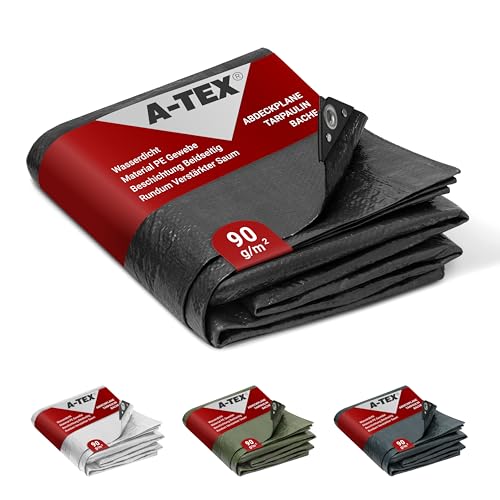 A-TEX® Abdeckplane 90g/m² (Schwarz, 10 x 15 m) Verschiedene Stärken, Größen und Farben wählbar | Plane mit Ösen | Gewebeplane Gartenplane Zelt Schutzp