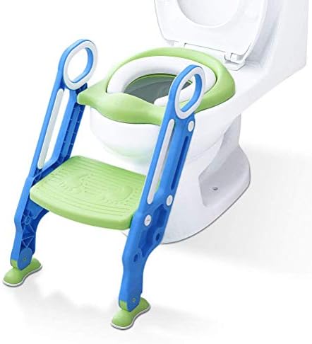 IntelligentBaby Potty Training Seat with Steps – Blue and Green Toddler Toilet Seat with Steps for Boys and Girls – Adjustable Height Step Up Potty Seat – Cushioned, Non-Slip Potty Chair with Steps