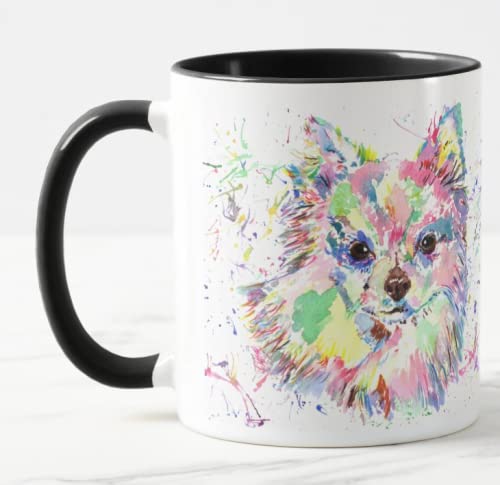 Vixar Chihuahua Long Hair Dog Pet Watercolour Rainbow Art Coloured Mug Cup Gift Birthday Work Office Christmas Tea Coffee (Black)