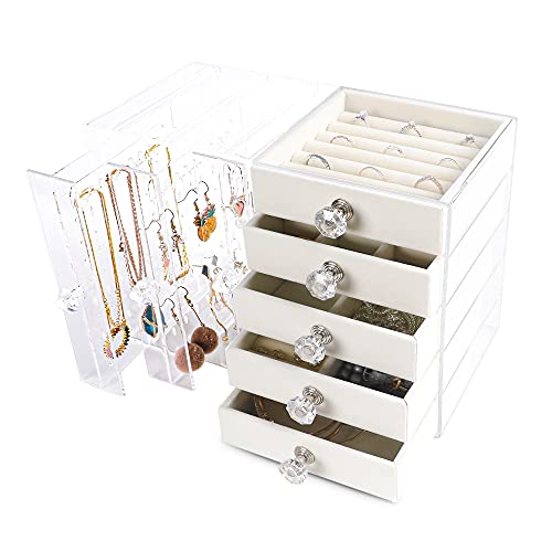 Frebeauty Acrylic Jewelry Box Clear Earring Organizer Storage Boxes,Necklace Hanging with 5 Removable Velvet Drawers Large Jewelry Display Case for Stud Rings Bracelets for Gift,(Beige)