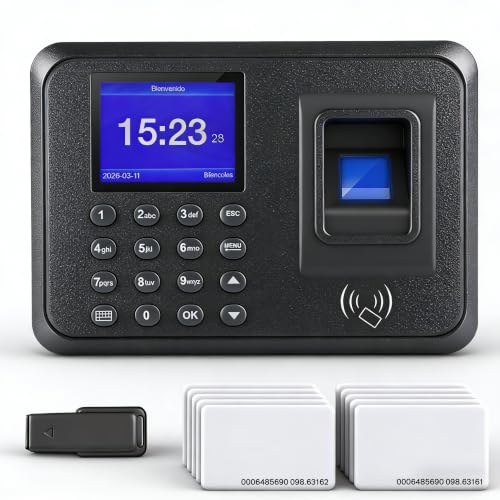 3 in 1 Biometric Fichar Clock - Time Control with Fingerprint, RFID Card and PIN Code - Small Business Assistance Machine, No Monthly Fee, 10 Cards Included, Spanish