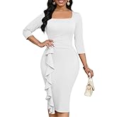 MarryUP Womens Work Dresses Elegant Square Neck 3/4 Sleeve High Waist Bodycon Ruffle Vintage Church Pencil Midi Dress