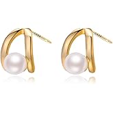 MYHAO Solid 925 Sterling Silver Pearl Huggie Stud Earrings for Women Teens Simulated Pearl Stud Earrings Hypoallergenic