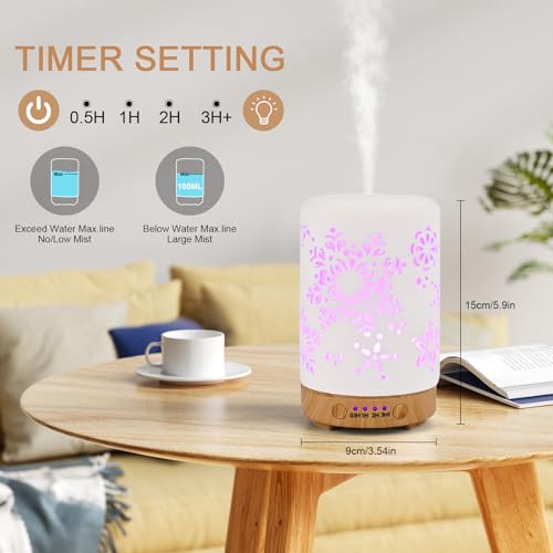 GuKKK Ceramic Essential Oil Diffuser Humidifier, 100 ml Silent Ultrasonic Aromatherapy Humidifier, with Timers and 7 LED Colours, for Home Office Bedroom
