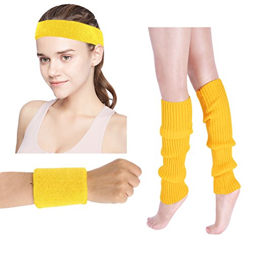 Women's 80s Costumes Accessories Neon Headband Wristband Leg Warmers Set for 1980s Theme Party Supplies(Yellow) - Thumbnail 2