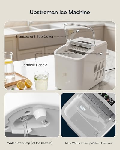 Upstreman Ice Maker, Portable Countertop Ice Making Machine with Self-Cleaning - 9 Bullet Ice in 6 Mins, 12kg/24h, Necessity for Home Kitchen Party & Outdoor, BI12 (White)