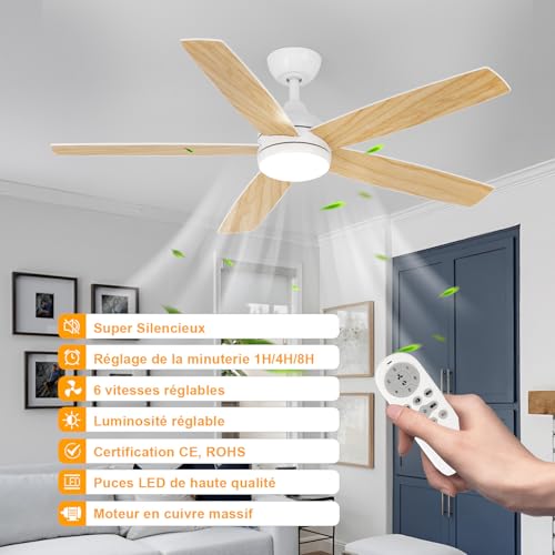 Dorlink Ceiling Fan with Light and Remote Control, 132 cm, Silent Reversible DC Motor, Ceiling Fan with Light for Bedroom, Living Room, Kitchen, Natural Wood Tint/White
