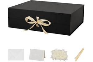 BoxSkivra Large Black Gift Box with Ribbon 1 Pack 19x16x6 Inch Extra Large Gift Box with Lid Magnetic Closure Rectangle Collapsible Luxury Gift Box for Wedding Dress Crinkle Cut Paper Shred with Card