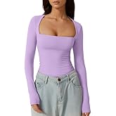QINSEN Women's Sexy Square Neck Shirt Long Sleeve Double Lined Tees Fitted Going Out Tops