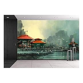 Landscape of Beautiful Harbor,Fishing Village,Digital Painting - Removable Wall Mural | Self-Adhesive Large Wallpaper - 66x96 inches