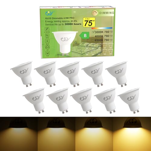 GY GU10 Dimmable LED Bulb, 4.9W 780LM, 3000K Warm White, 120° Wide Beam, Energy Saving, Eye Protection, GU10 LED Bulbs Dimmable, 10 Units (Pack of 1)