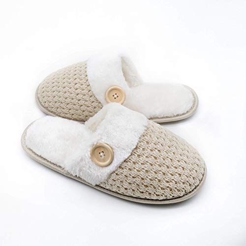 Women\'s Cozy Memory Foam Slippers Plush Fleece Lined House Shoes Indoor, Outdoor Anti-Skid Rubber Sole Slippers Women\'s House Shoe (Beige, Medium 7-8)