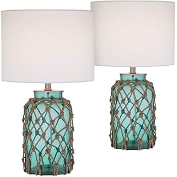 Aston Coastal Table Lamps Set of 2 Frosted Sea Blue Glass ...
