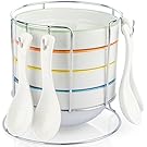 Uno Casa Bowl Set with Spoons for Portion Control with Soup, Cereal, Ice Cream, Dessert, Breakfast, Dinner, White Ceramic Serving Bowls - Set of 4 Stackable and Includes A Holder
