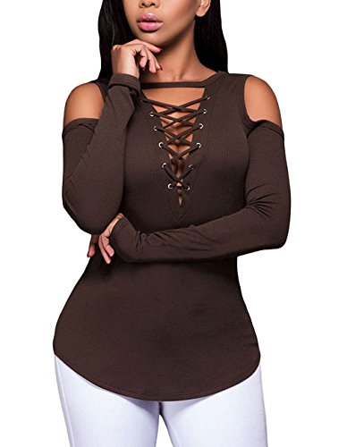 Women's Long Sleeve Sexy Deep V Neck Blouse Cold Shoulder Ribbed Stretchy Front Top T Shirt (S, Coffee)