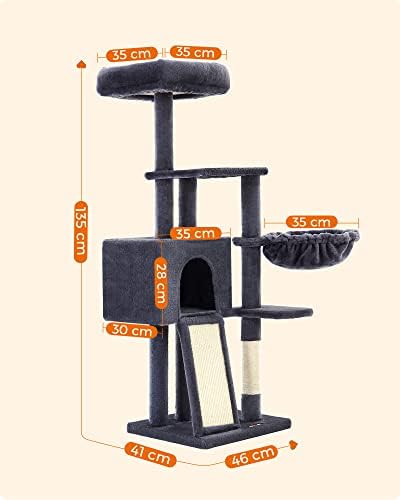 Árbol para Gatos Pequeños, 135 cm, Condominio para Gatos de Felpa de Varios Niveles, con Cubierta de Plataforma Extraíble y Lavable, Rascador, Cesta, Cueva, Gris Oscuro