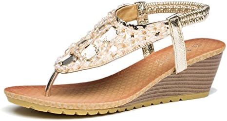 Yotani Women's Shoes Sandals Wedges Summer Fashion Thong Beaded Slingback Ankle Strap Medium Heel Sandals Size 9 US Gold
