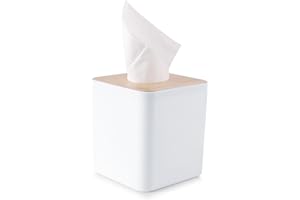 POJAH Square Tissue Box Cover,White Tissue Box Holder,Bamboo Facial Cube Box Cover for Storage on Bathroom Vanity, Countertop, Bedroom Dresser