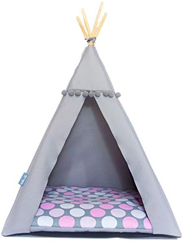 Halkalife Pet Teepee Bed - Pink Dots, Cat and Dog Tent, pet House (M) (M)