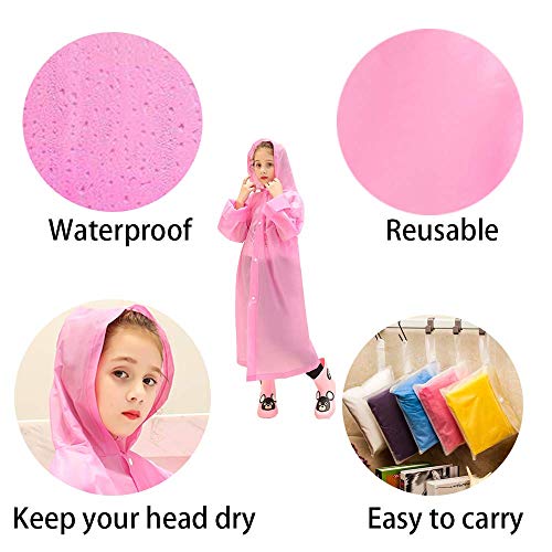 Kids Rain Poncho,Reusable Kids Rain Coat for 6-11 Years Old (Pink)