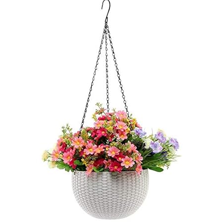 Antier Hanging Planter Round Decor Garden Rattan Plastic Flower Pot Basket for Plant,White (Set of 2)