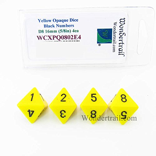 Yellow Opaque Dice with Black Numbers D8 Aprox 16mm (5/8in) Pack of 4 Wondertrail