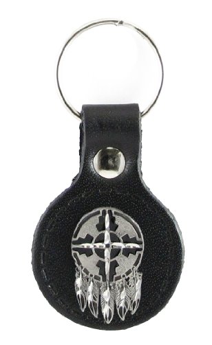 Small Leather & Pewter Key Ring - Shield & Feathers - Small Leather & Pewter Key Ring