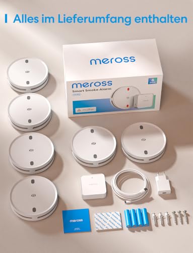 Meross Matte Smoke Detector Connected with MSH450 Hub, Smart Fire Alarm with App Alarm, Red LED Escape Light, WiFi Smoke Alarm with Apple Home, Alexa, Home Assistant, EN14604 Compliant, Set of 6