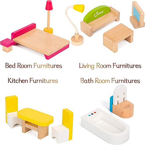 cossy Wooden Doll House with 12 Pieces of Furniture, 3 Levels House with 4 Rooms and Accessories - Thumbnail 2