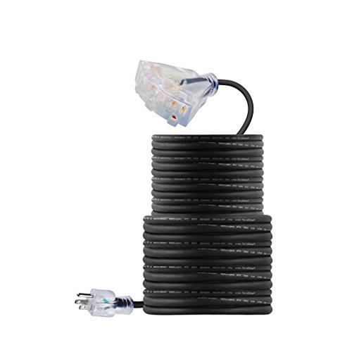 100 FT 14/3 Outdoor Extension Cord - Rubber, Flexible, Triple Outlet, Black Wire with Live Power Light Indicator. 15 Amp