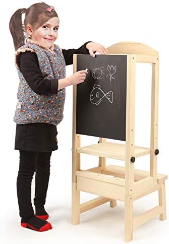 Learning Tower, Wooden Step-Stool for Children with Blackboard, Adjustable Height, Kitchen Helper for 1-5 Years