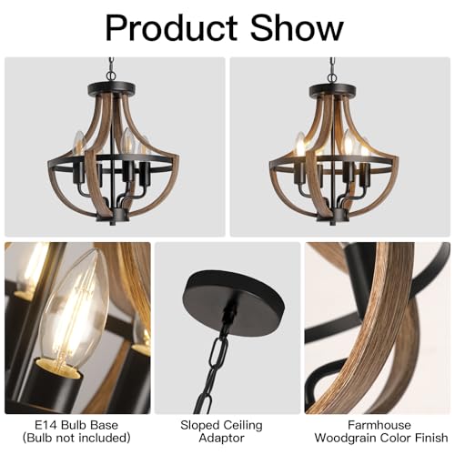 SEEBLEN Farmhouse Chandelier,Vintage 4-Light Hanging Pendant Light Height Adjustable,Rustic Metal Ceiling Light in Faux Wood Grain Color for Dining Room Kitchen Foyer Hallway Entryway Bedroom Closet.