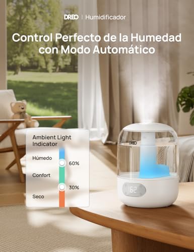 DREO Humidifier Babies 3L 26dB Silent with Humidity Sensor, Ultrasonic Cold Mist, 30h Autonomy, 360° Nozzle, Ambient Light, Essential Oil Diffuser, White