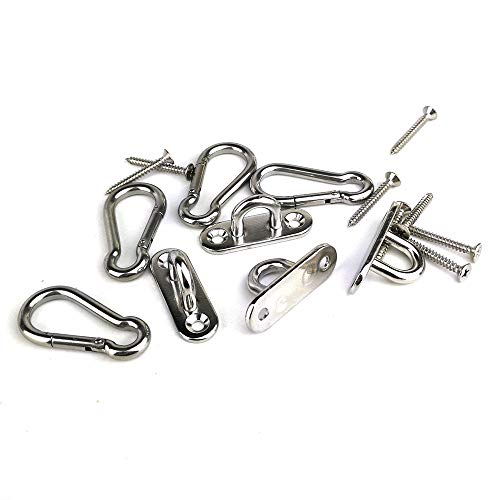 4Pcs M5 304 Stainless Steel Oblong Pad Eye and 4Pcs Stainless Steel Snap Hook for Boat Application Hook Ceiling Hook Loop Wall Mount Hanging Hardware Fitting
