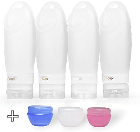 FullPlus Silicone Travel Bottle Set 3 Oz 4 Pack TSA Approved Carry On Shampoo Conditioner Bottle Leak Proof Design BPA Free with EVA Bag (3oz 4 White + 3 Cream Jars)