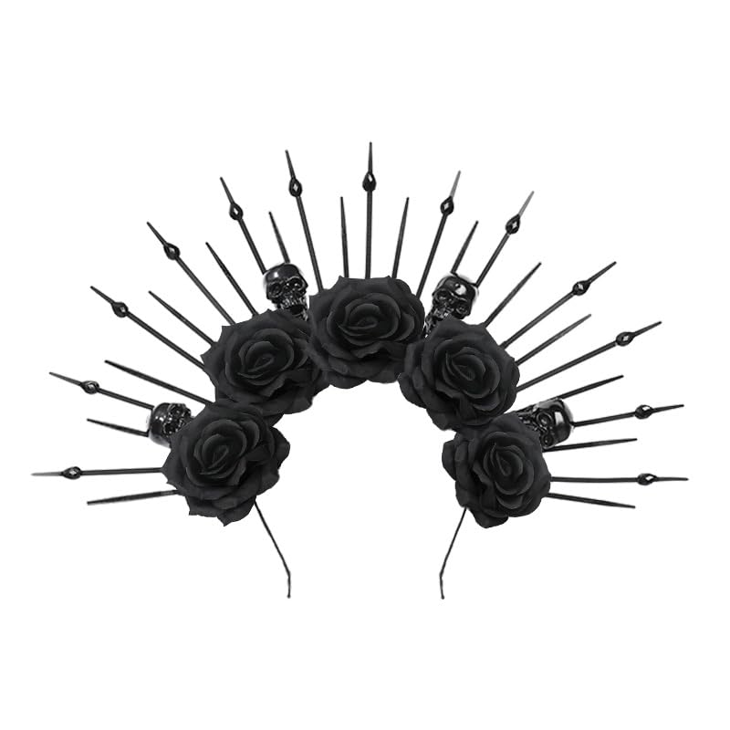 Photo 1 of Halloween Black Rose Skull Goddess Halo Crown Headband for Women, Mexican Day of The Dead Gothic Flower Sunburst Headpiece Spiked Headdress for Halloween Carnival Party Cosplay Costume