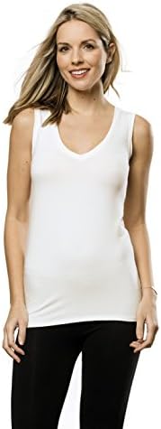 TreSett Women’s Sleeveless V Neck Stretch Bamboo Top Tank Shirt Made in USA (M, Ivory)