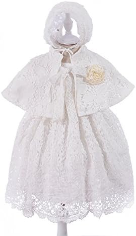 HX Baby Girls Princess Lace 3 Piece Short Sleeve Christening Baptism Gowns Long Dress with Bonnet (6M/6-12 Months, Off-White)