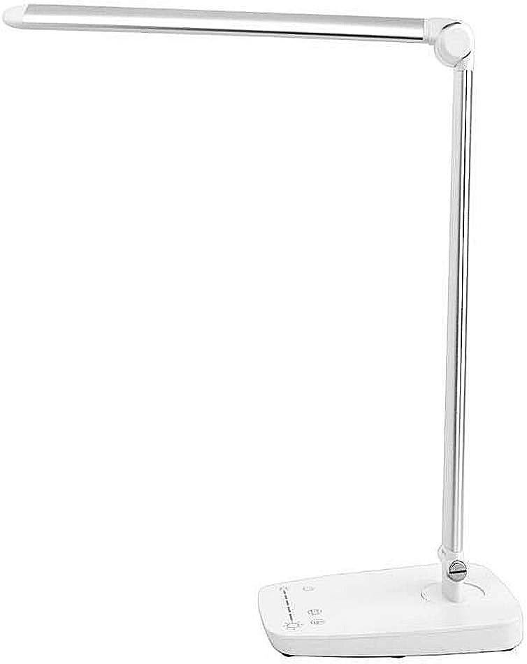 LED Desk Lamp w/ USB Charging Port Dimmable 7 Lighting Modes Adjustable Arm Touch Panel Eye-Care White and Silver Metal and ABS Office Work Home Table Bedside Light 10W