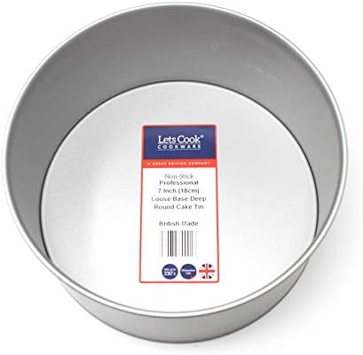 Professional 7 Inch Deep Round Cake Tin, Loose Base, 18cm, British Made with Double Coated Performance Non Stick by Lets Cook Cookware