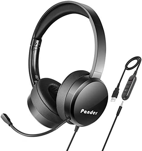 USB Headset with Microphone, Pander Noise Cancelling 3.5mm Computer PC Headset, Lightweight Wired Business Headphones with Volume Control for Skype, Webinar, Phone, Call Center — Black