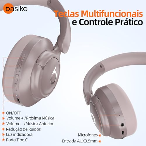Basike Fone de Ouvido Bluetooth, ANC Cancelamento de Ruído Ativo Headphone Bluetooth 5.4 Headset com Microfone, Certificação Hi-Res Audio, 30 horas reprodução, LE29 (Rosa)