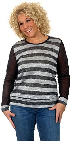 Women's Plus Size Striped Fashion Top with Sheer Long Sleeves (2X, Black-Gray)