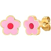 Dainty Pink Flower Stud Earrings for Women 14k Gold Plated Stainless Steel Cute Minimalist Enamel Floral Tiny Studs Hypoallergenic Fashion Wedding Party Jewelry for Her Daughter Niece