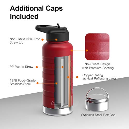REYLEO Vacuum Insulated Water Bottle with Straw Lid- 18 Oz,Red,2 Lids BPA-Free, 18/8 Stainless Steel Thermal Sports Water Bottle, Keep Cold 24 Hours& Hot 8 Hours