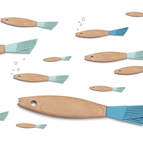 Monkey Business Finn the Fish Pastry, BBQ Grilling Sauce Basting Brush, Silicone Bristles on Ergonomic Wood Handle, Seafoam
