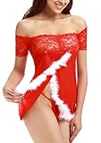 Adorneve Women Sexy Red Christmas Babydolls Off Shoulder Lace Lingerie