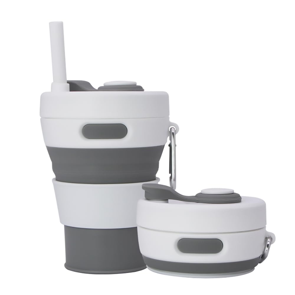 UNNESTAR Collapsible Camping Cup with Straw Silicone Folding Coffee Cup Sport Bottle Portable Travel Outdoor Car 16oz 20oz (Grey) — image 1